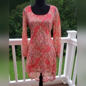 Snap Women's Coral Lace High-Low Mini Dress Sz LG